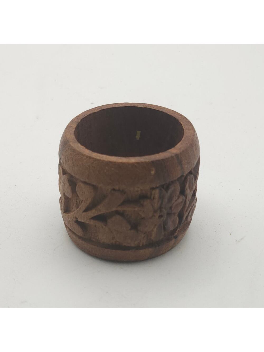 Vintage Hand Carved Wood Floral Napkin Ring Brown Boho Table Decor Rustic Art